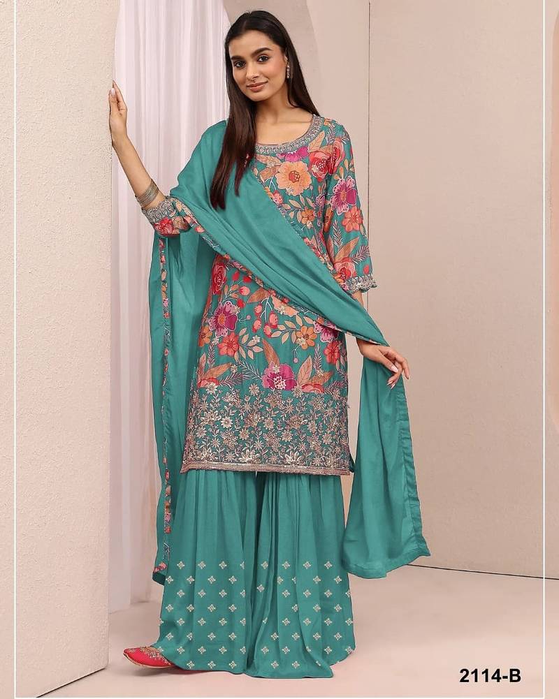 Blue chinon silk semi stitched wedding suits