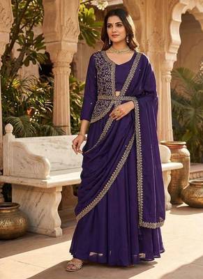 Purple Color Embrodery Zari And Sequence Work Georgette Saree 1