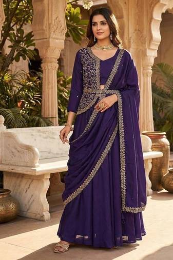 Purple Color Embrodery Zari And Sequence Work Georgette Saree