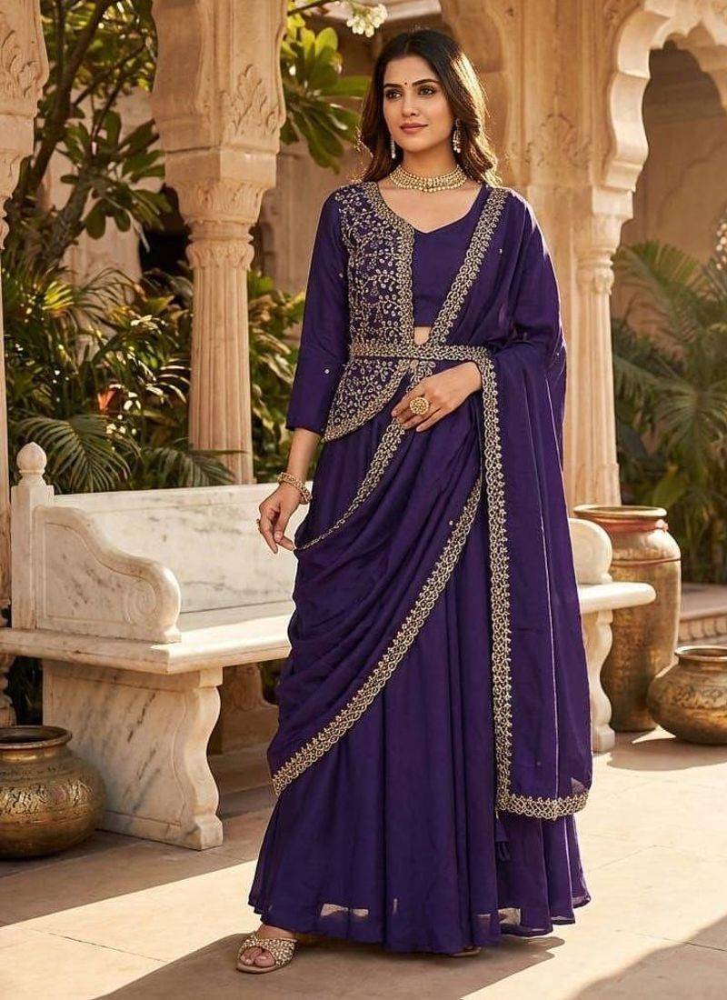 Purple Color Embrodery Zari And Sequence Work Georgette Saree