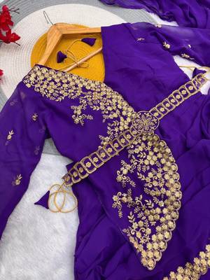 Purple Color Embrodery Zari And Sequence Work Georgette Saree 2