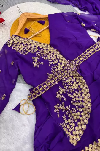Purple Color Embrodery Zari And Sequence Work Georgette Saree