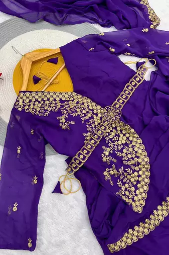 Purple Color Embrodery Zari And Sequence Work Georgette Saree