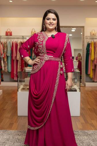 Rani Pink Color Embrodery Zari And Sequence Work Georgette Saree