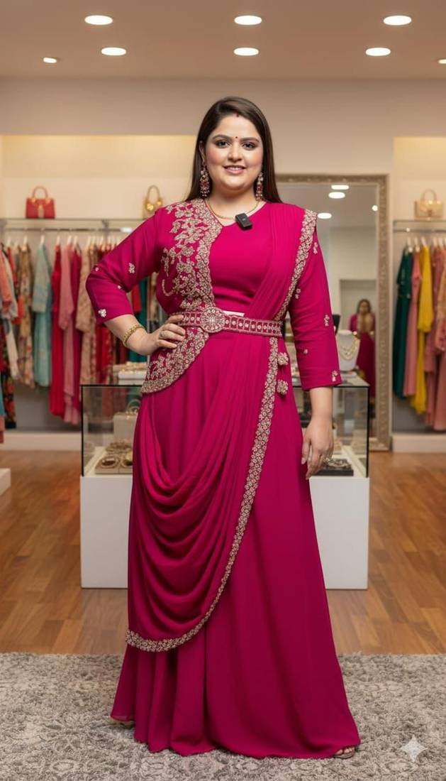 Rani Pink Color Embrodery Zari And Sequence Work Georgette Saree