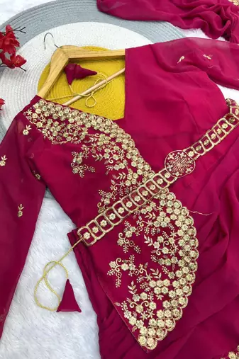 Rani Pink Color Embrodery Zari And Sequence Work Georgette Saree