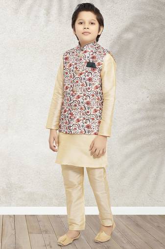 Cream banarasi silk kurta jacket set for boys