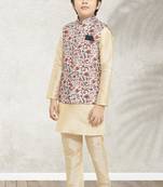 Cream banarasi silk kurta jacket set for boys