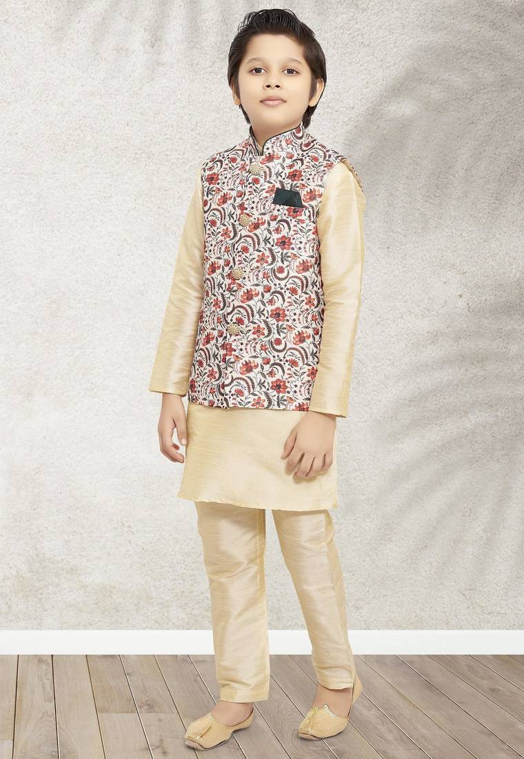 Cream banarasi silk kurta jacket set for boys