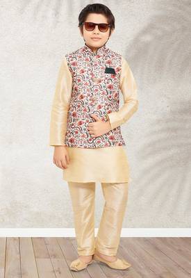 Cream banarasi silk kurta jacket set for boys 2