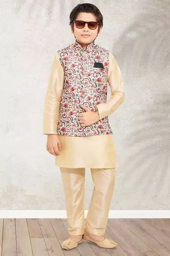Cream banarasi silk kurta jacket set for boys