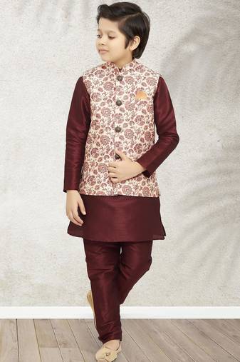 Cream banarasi silk kurta jacket set for boys