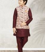 Cream banarasi silk kurta jacket set for boys