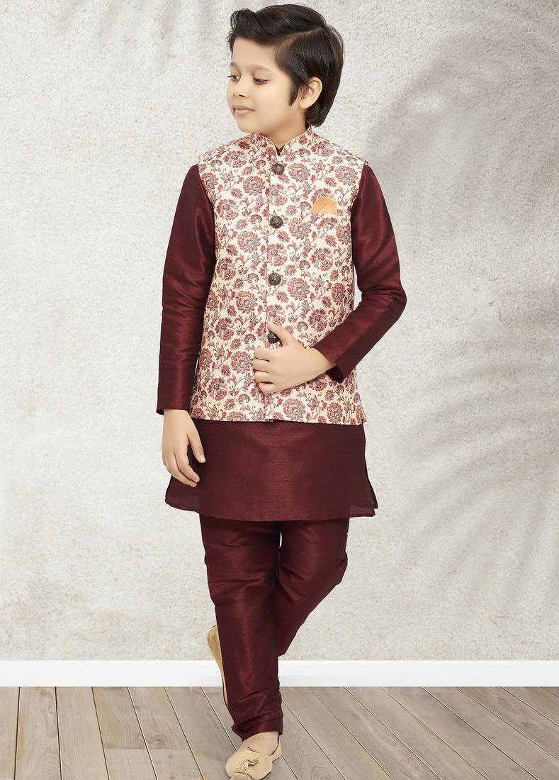 Cream banarasi silk kurta jacket set for boys