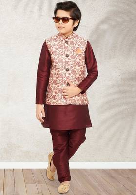 Cream banarasi silk kurta jacket set for boys 2