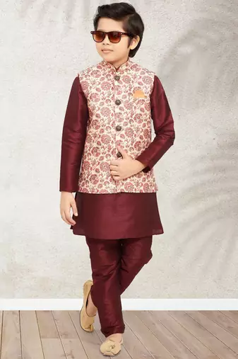 Cream banarasi silk kurta jacket set for boys