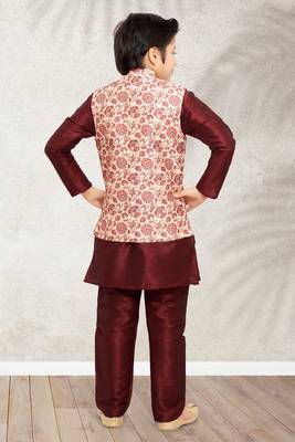 Cream banarasi silk kurta jacket set for boys 3