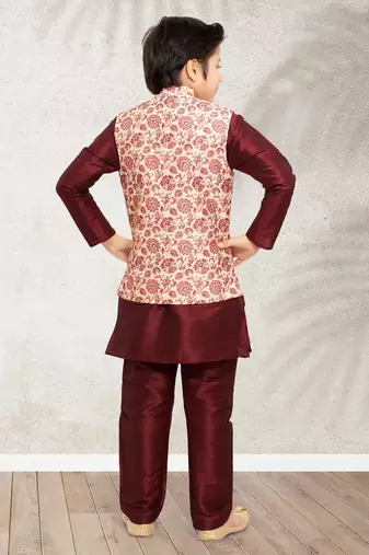 Cream banarasi silk kurta jacket set for boys