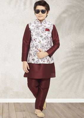 Off whte banarasi silk kurta jacket set for boys 1