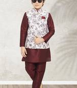 Off whte banarasi silk kurta jacket set for boys