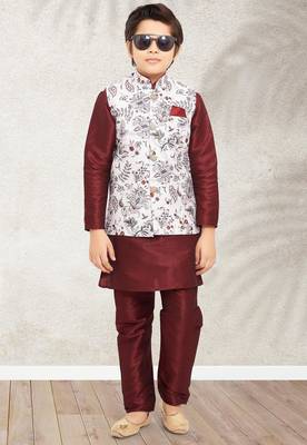 Off whte banarasi silk kurta jacket set for boys 2