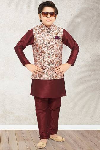 Cream banarasi silk kurta jacket set for boys