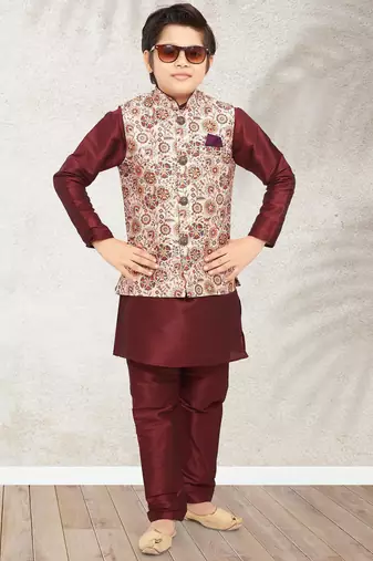 Cream banarasi silk kurta jacket set for boys
