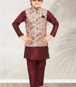 Cream banarasi silk kurta jacket set for boys