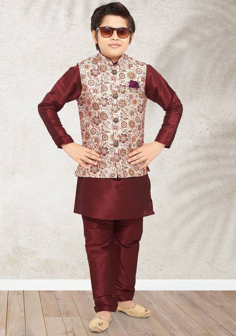 Cream banarasi silk kurta jacket set for boys