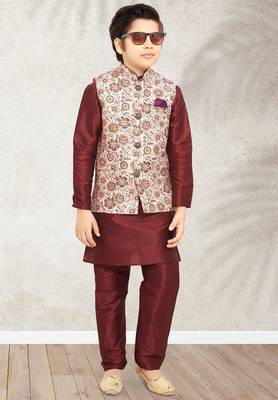 Cream banarasi silk kurta jacket set for boys 2