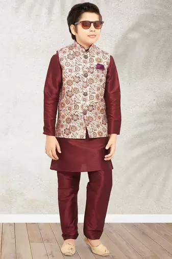 Cream banarasi silk kurta jacket set for boys