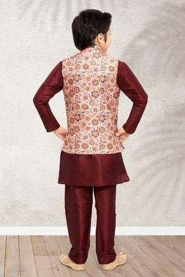 Cream banarasi silk kurta jacket set for boys 3