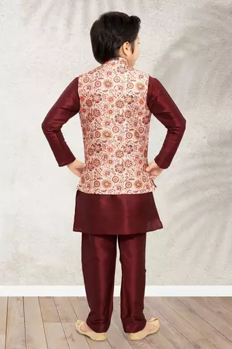 Cream banarasi silk kurta jacket set for boys