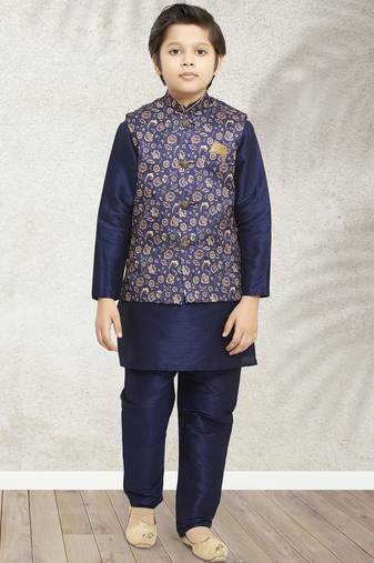 Blue banarasi silk kurta jacket set for boys