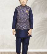 Blue banarasi silk kurta jacket set for boys