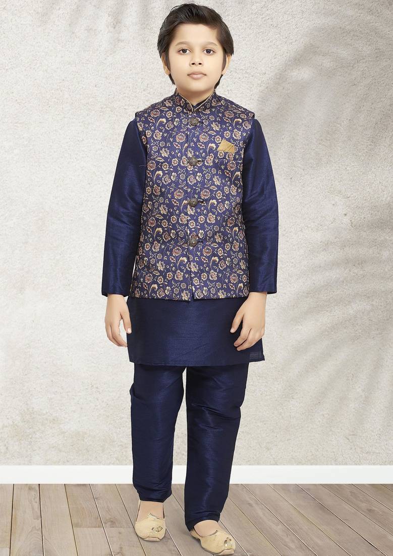 Blue banarasi silk kurta jacket set for boys