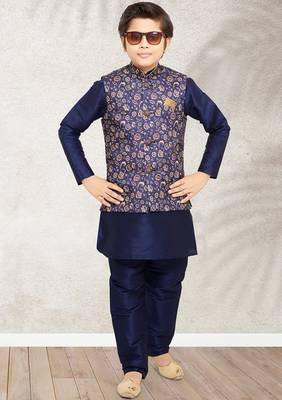 Blue banarasi silk kurta jacket set for boys 2