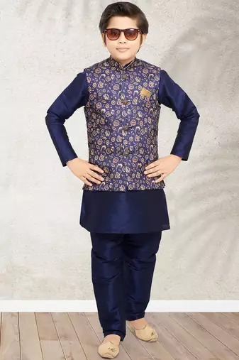 Blue banarasi silk kurta jacket set for boys