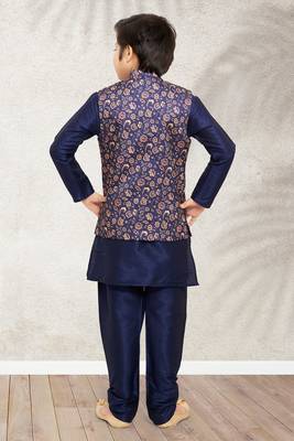 Blue banarasi silk kurta jacket set for boys 3