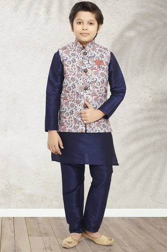 Blue banarasi silk kurta jacket set for boys
