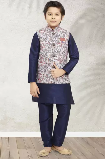 Blue banarasi silk kurta jacket set for boys