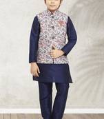 Blue banarasi silk kurta jacket set for boys