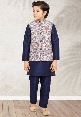 Blue banarasi silk kurta jacket set for boys 2
