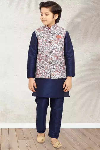 Blue banarasi silk kurta jacket set for boys
