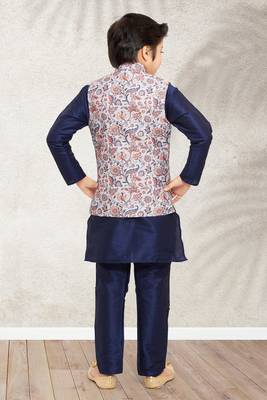 Blue banarasi silk kurta jacket set for boys 3