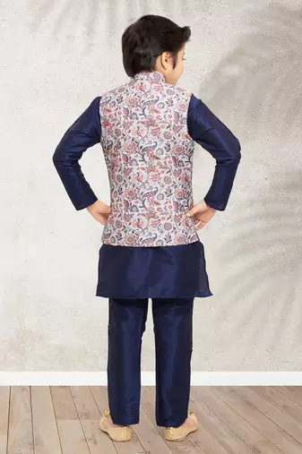 Blue banarasi silk kurta jacket set for boys