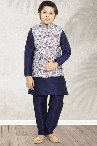 Blue banarasi silk kurta jacket set for boys