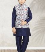 Blue banarasi silk kurta jacket set for boys