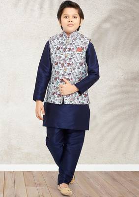 Blue banarasi silk kurta jacket set for boys 2