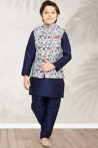 Blue banarasi silk kurta jacket set for boys